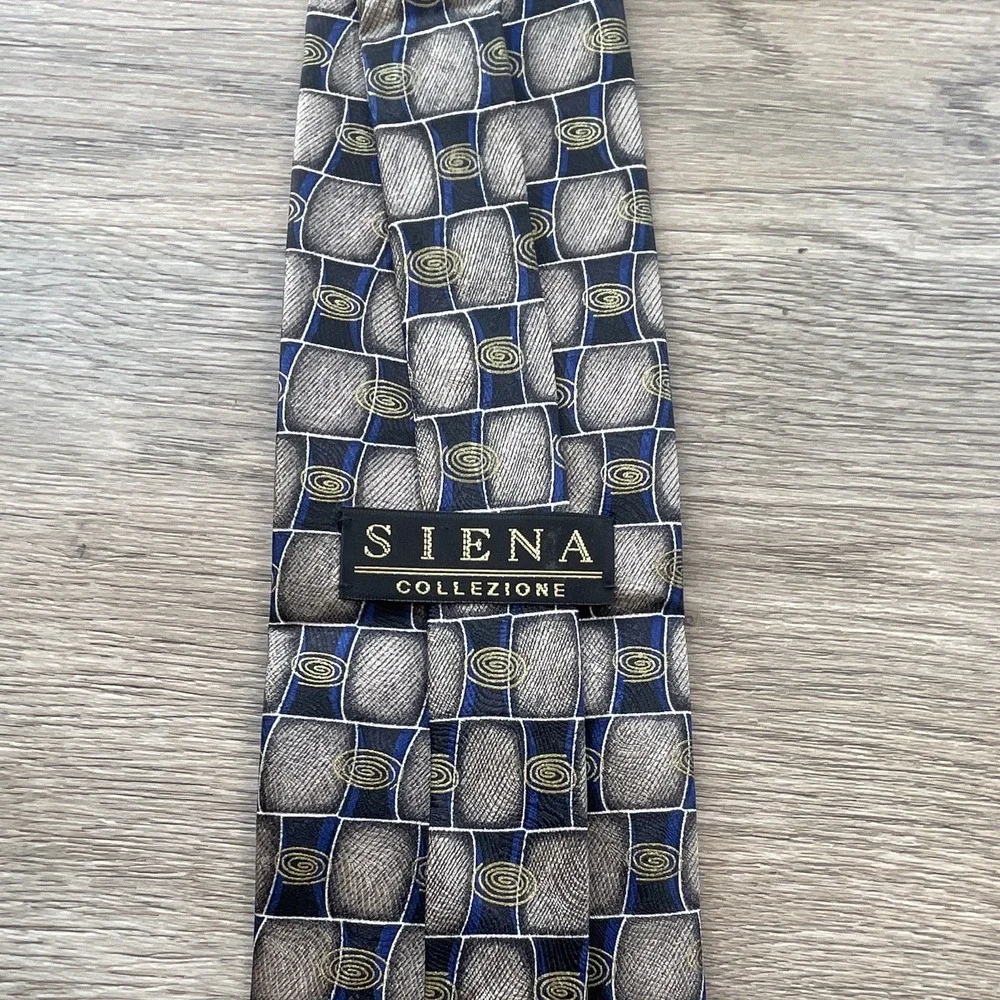 Siena Collezione Men's silk handmade tie, blue gray gold geometric,  52 inch